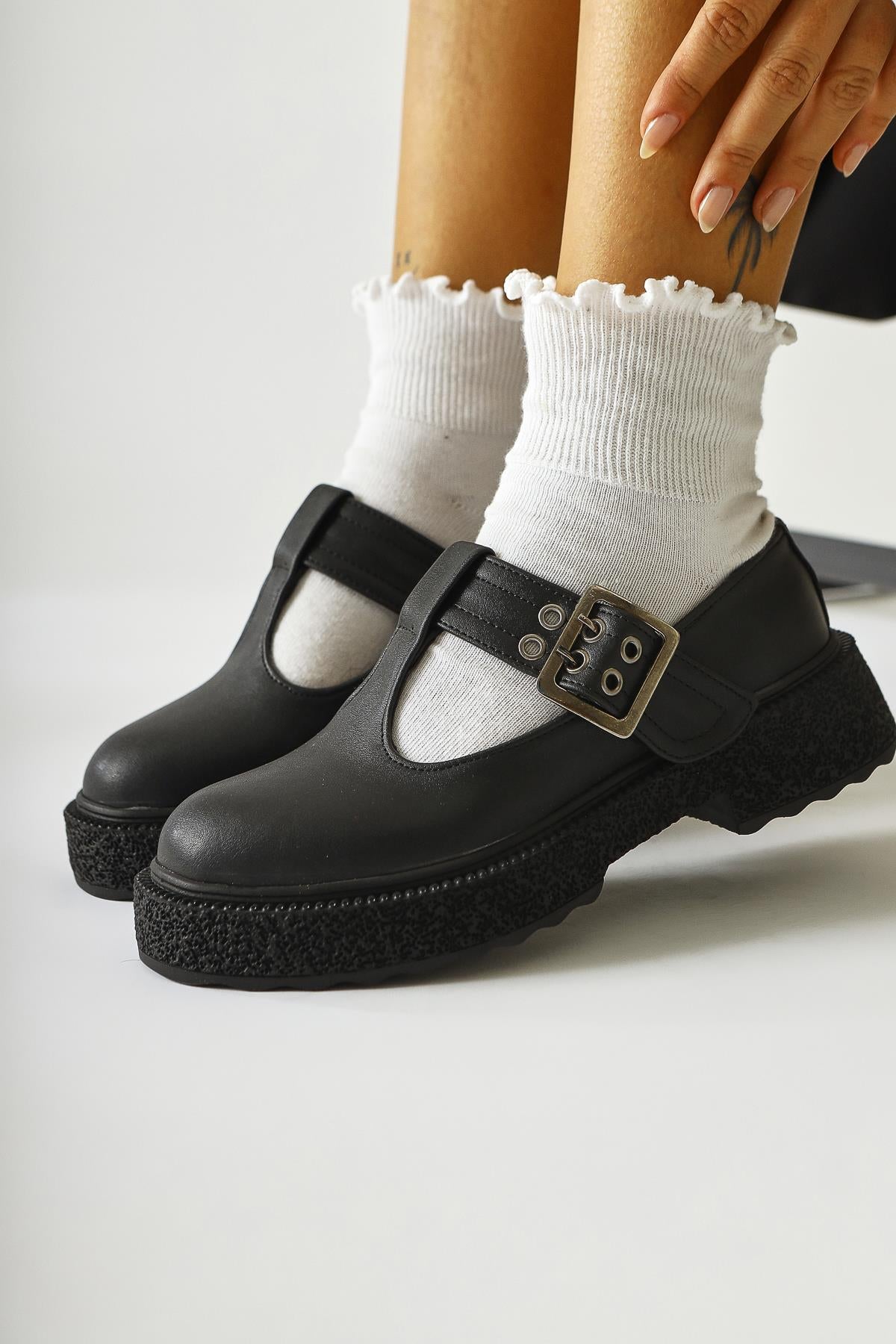 Kalla Black Thick Soled Buckled Casual Shoes