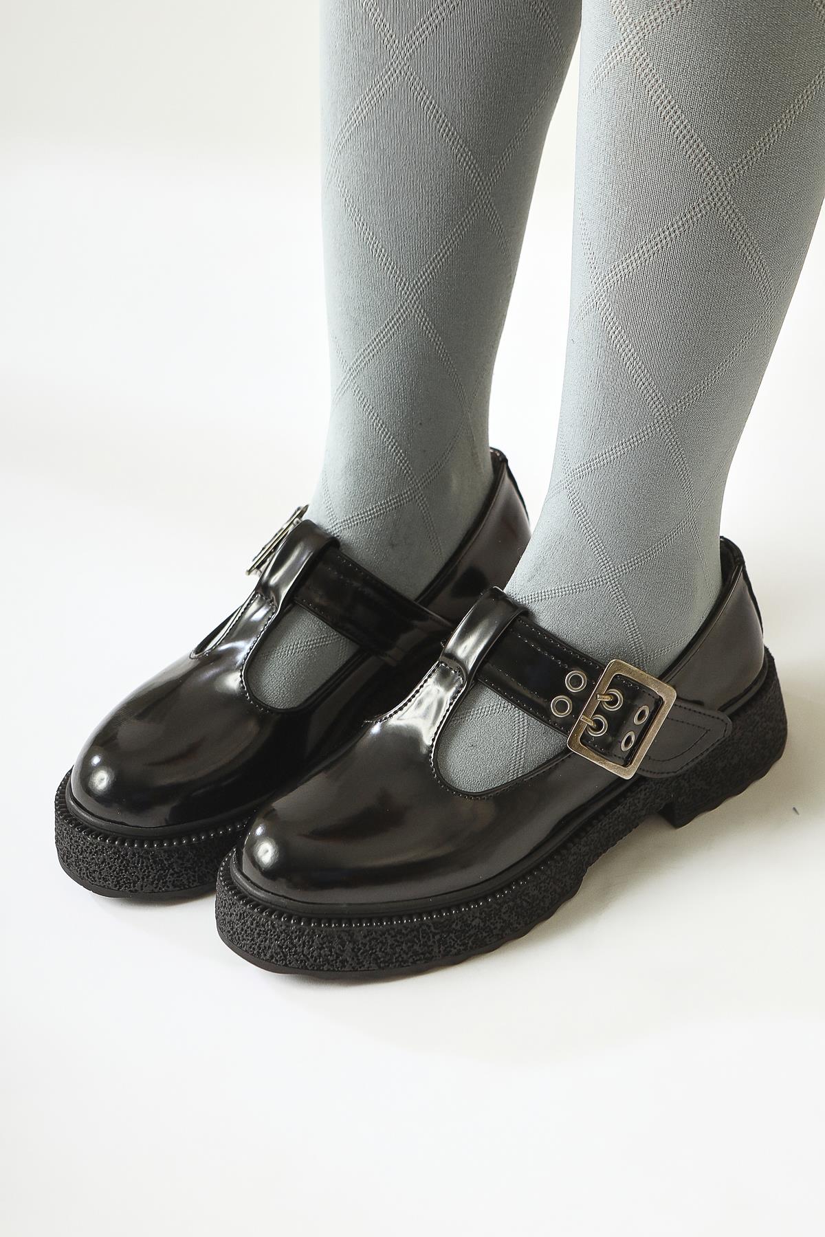 Kalla Black Patent Leather Thick Soled Buckled Casual Shoes