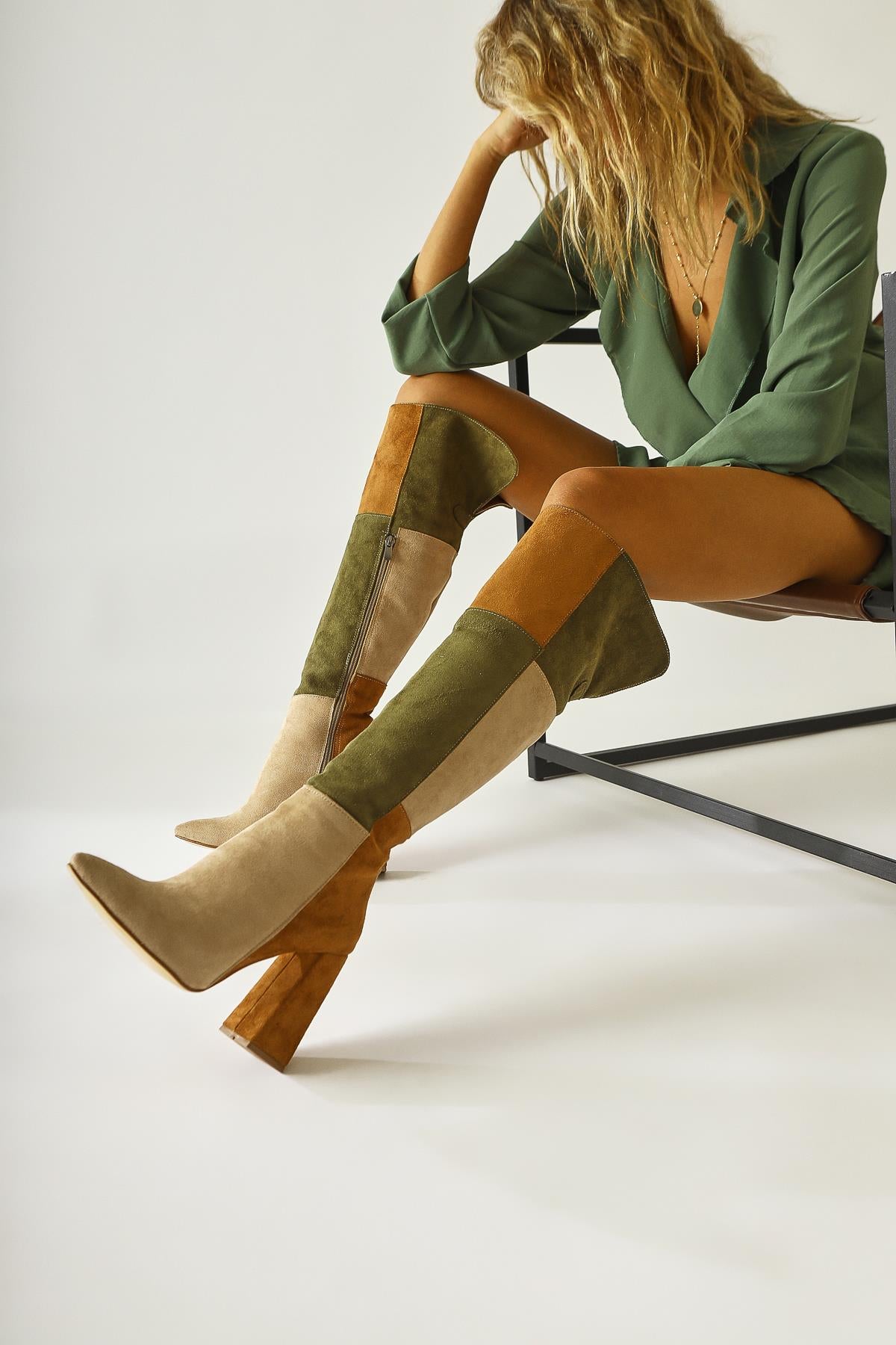 Kamiyah Khaki Beige Khaki Knee High Boots