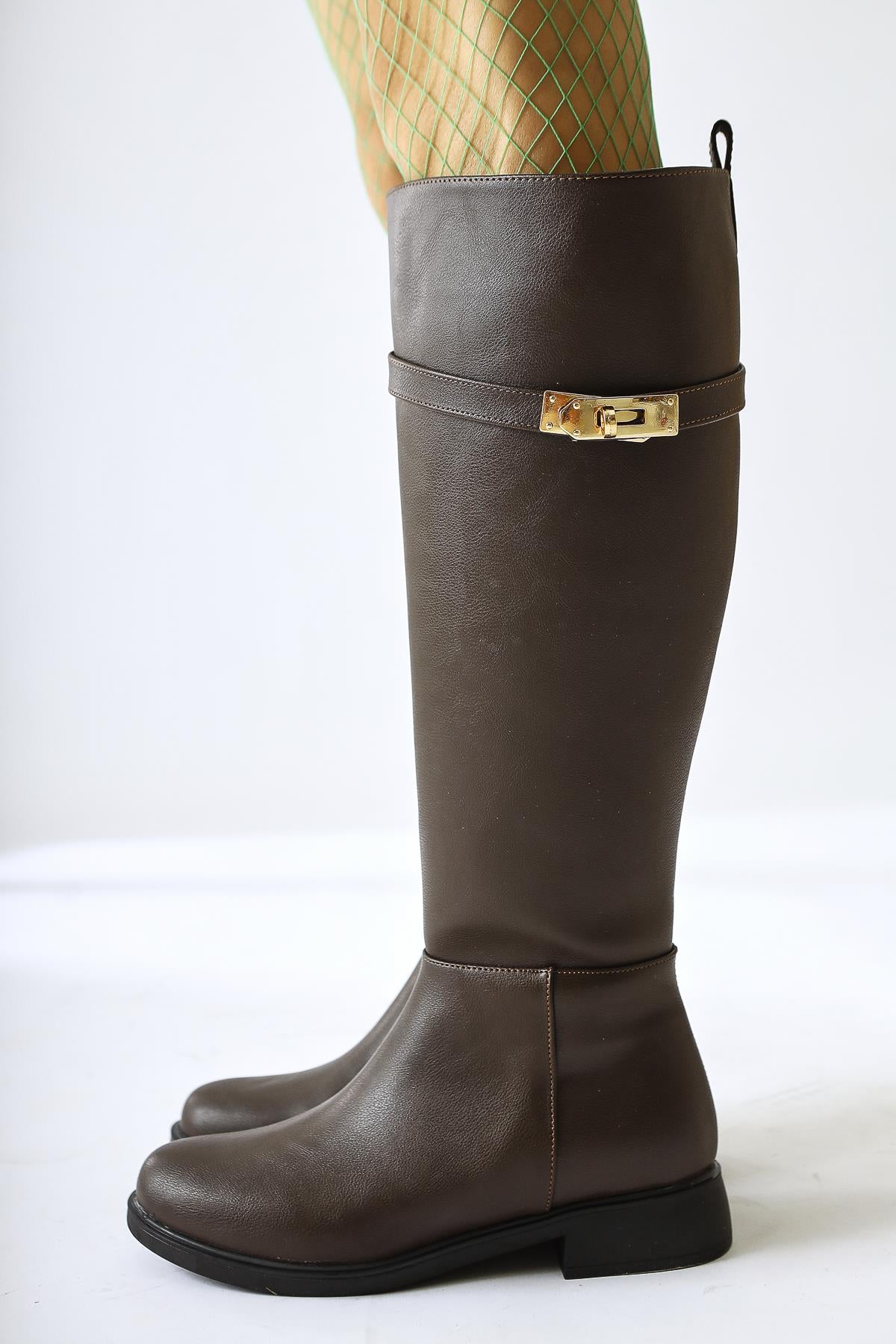 Kanako Brown Accessory Zippered Low Heeled Boots