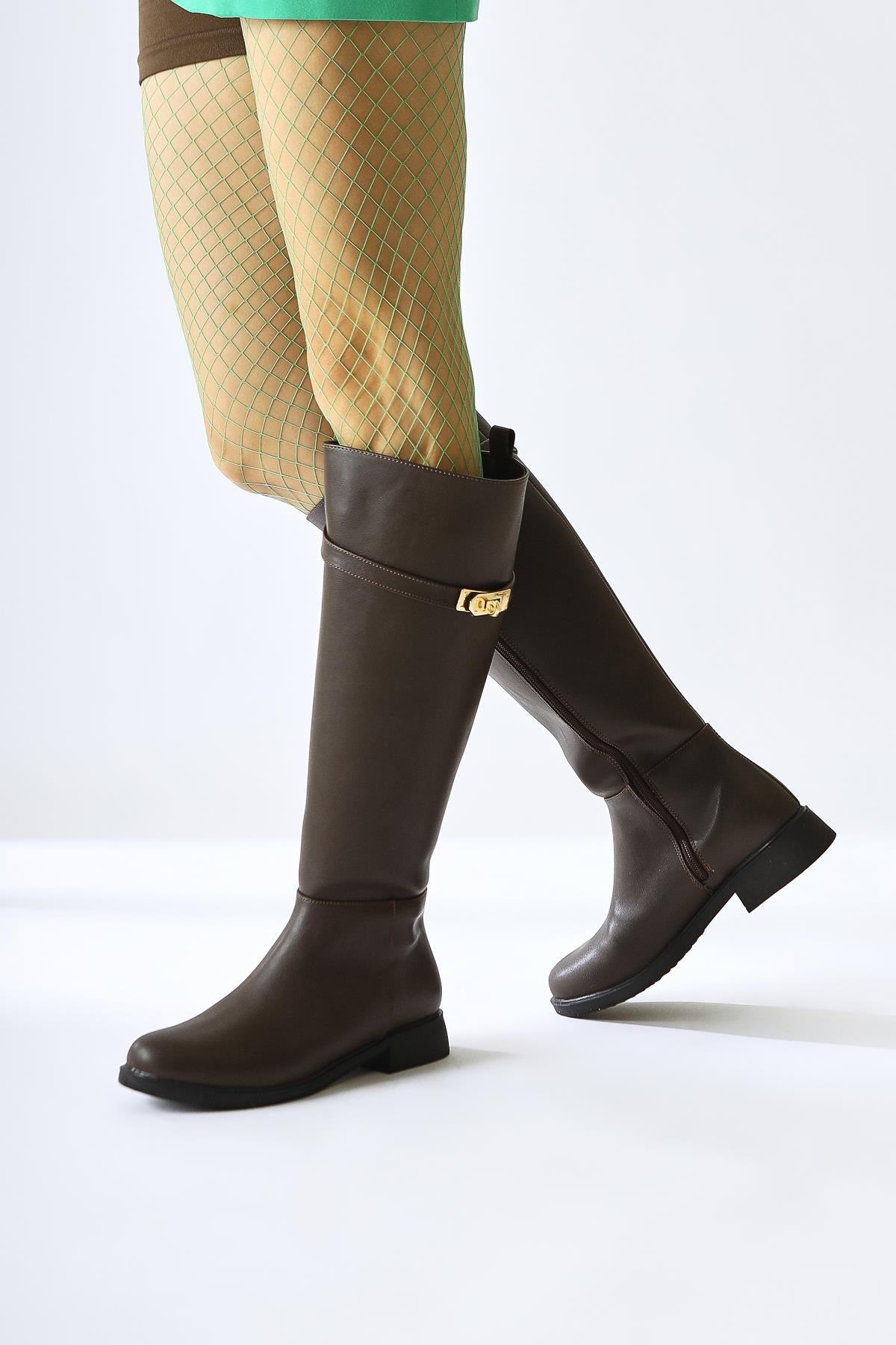 Kanako Brown Accessory Zippered Low Heeled Boots