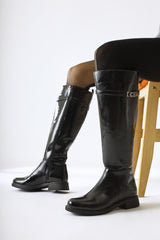 Kanako Black Patent Leather Accessory Zippered Low Heeled Boots