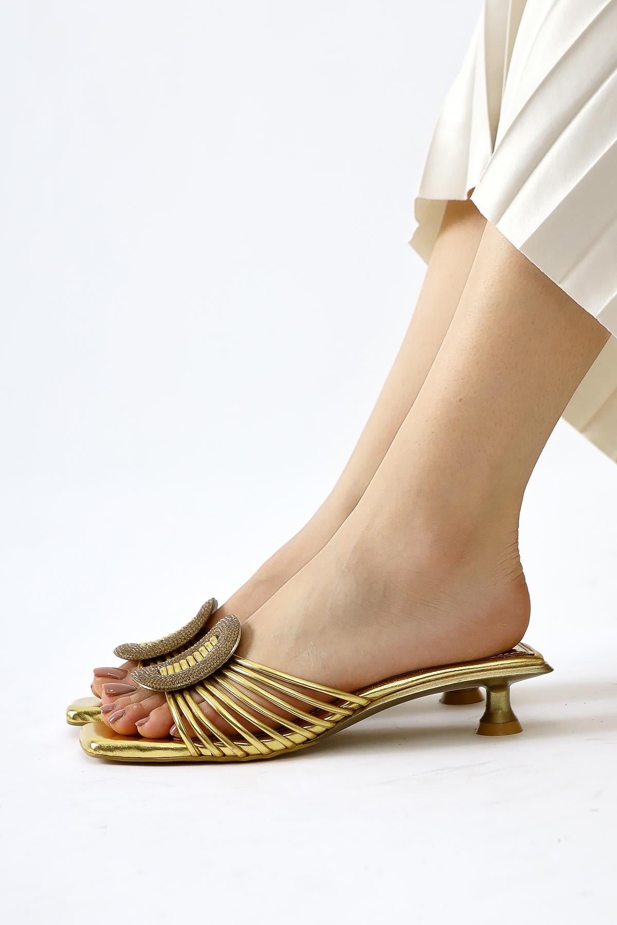 Katerin Gold Patent Leather Stone Buckle Detailed Stylish Slippers