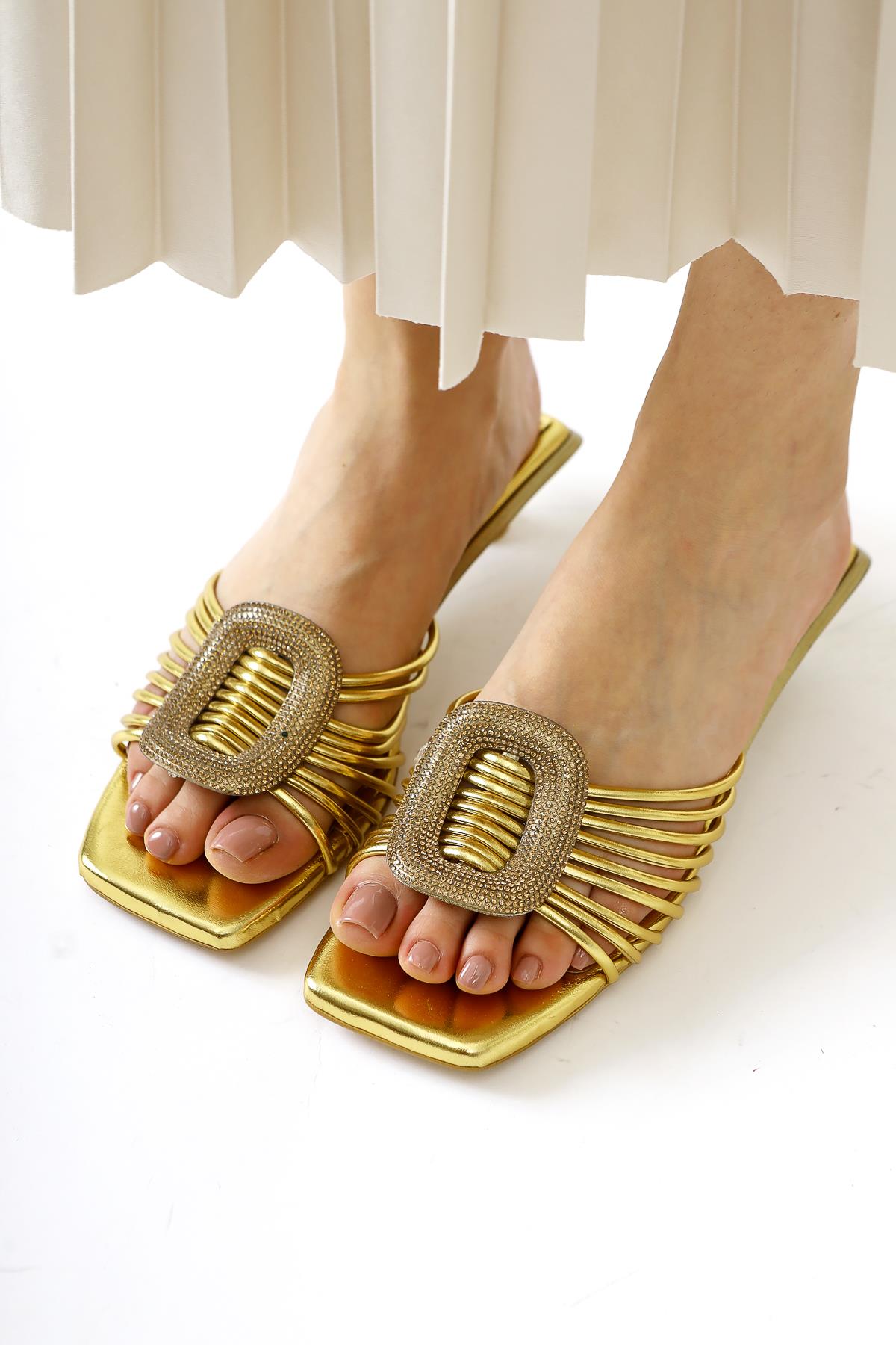 Katerin Gold Patent Leather Stone Buckle Detailed Stylish Slippers