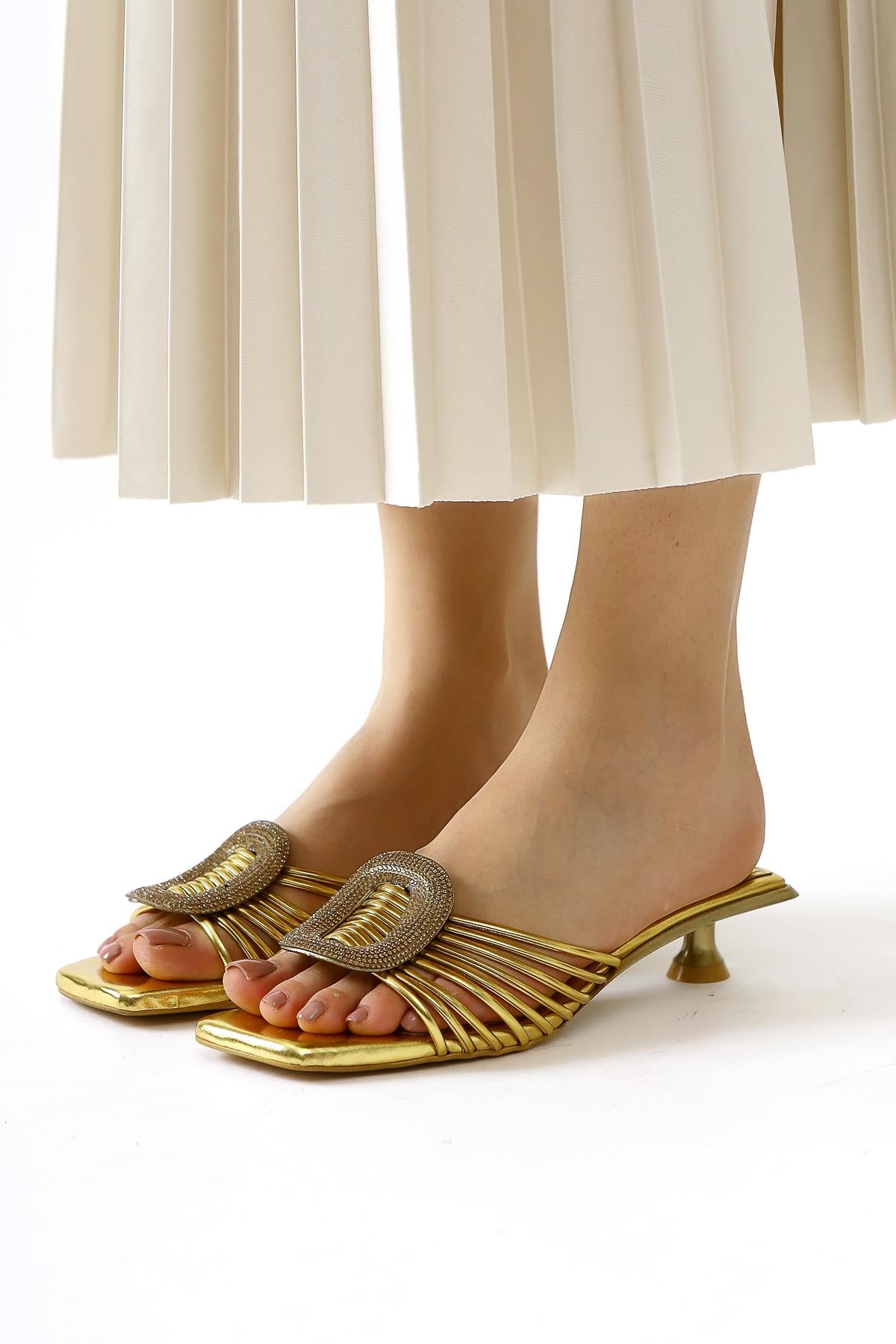 Katerin Gold Patent Leather Stone Buckle Detailed Stylish Slippers