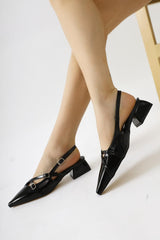 Kayram Black Patent Leather Pointed Toe Thin Cross Strap Buckled Short Heeled Shoes