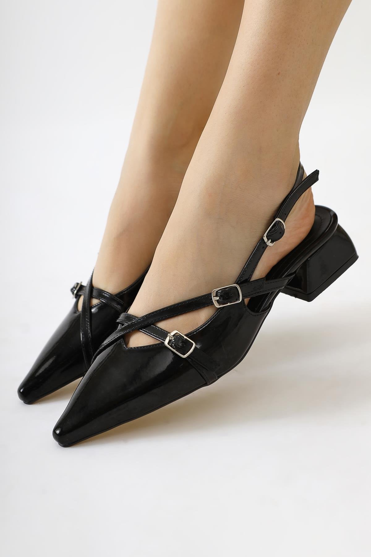 Kayram Black Patent Leather Pointed Toe Thin Cross Strap Buckled Short Heeled Shoes