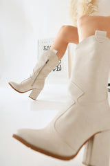 Keri Beige Asymmetric Cut Heeled Short Boots