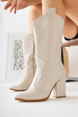 Keri Beige Asymmetric Cut Heeled Short Boots