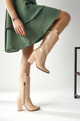 Keri Beige Crocodile Asymmetric Cut Heeled Short Boots