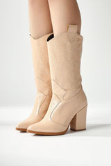 Keri Beige Crocodile Asymmetric Cut Heeled Short Boots