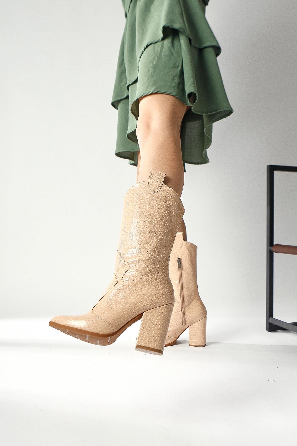 Keri Beige Crocodile Asymmetric Cut Heeled Short Boots