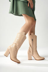 Keri Beige Crocodile Asymmetric Cut Heeled Short Boots