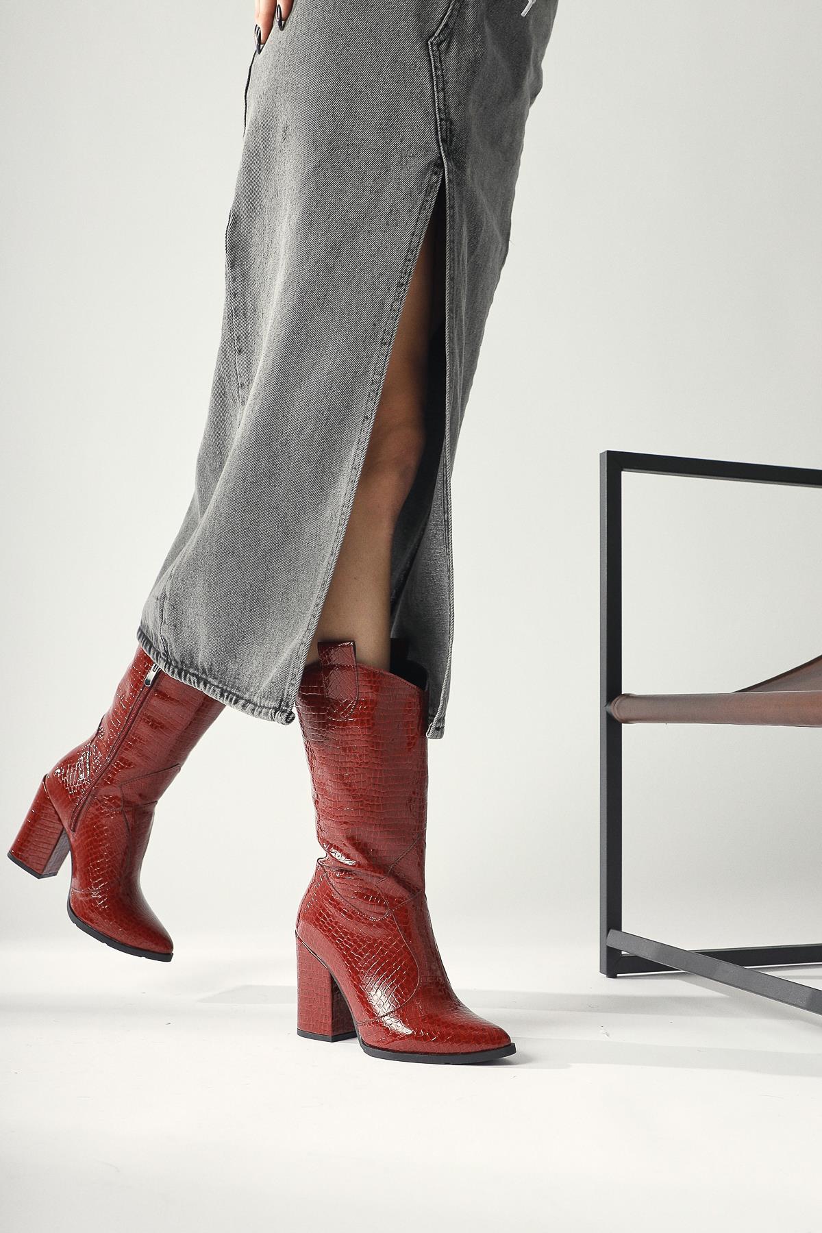 Keri Burgundy Crocodile Asymmetric Cut Heeled Short Boots