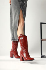 Keri Burgundy Crocodile Asymmetric Cut Heeled Short Boots