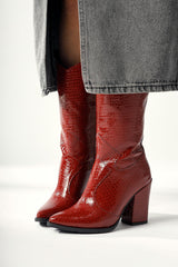 Keri Burgundy Crocodile Asymmetric Cut Heeled Short Boots