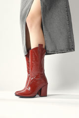 Keri Burgundy Crocodile Asymmetric Cut Heeled Short Boots