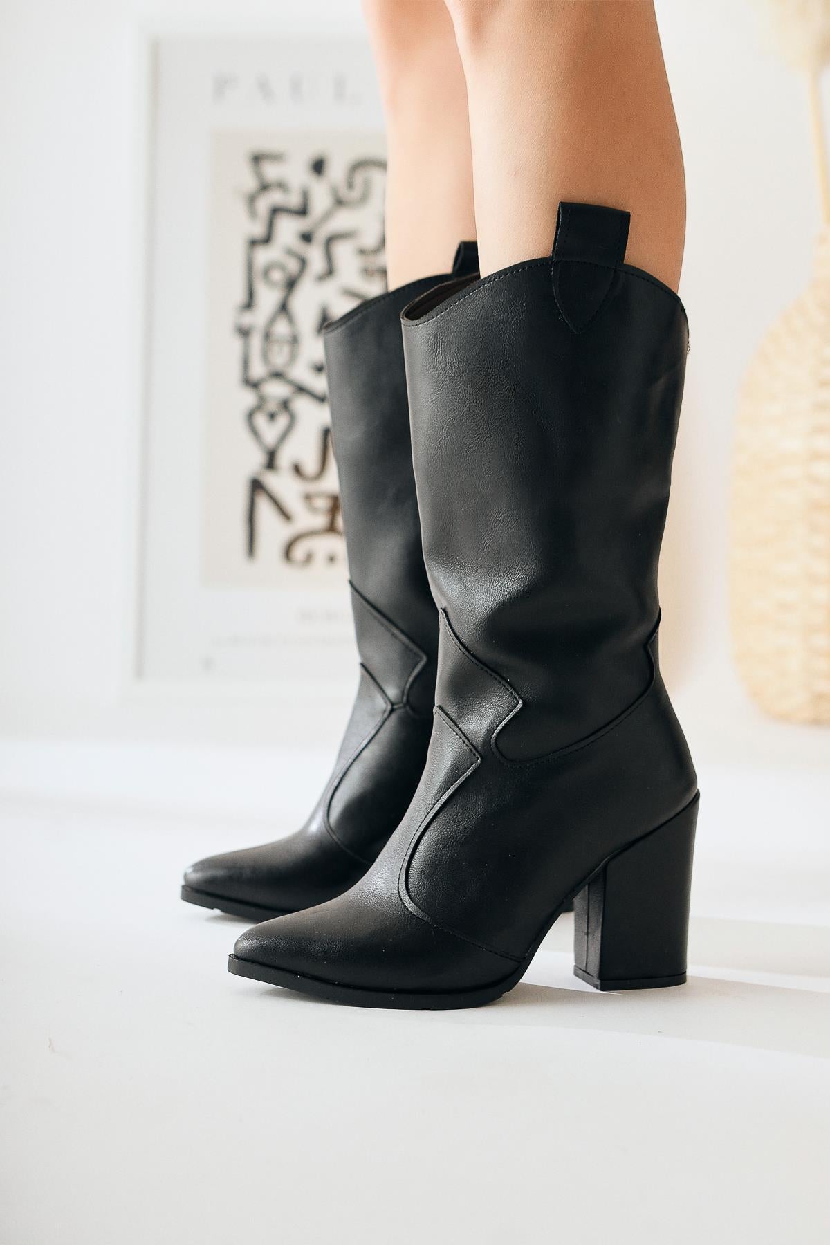 Keri Black Asymmetric Cut Heeled Short Boots