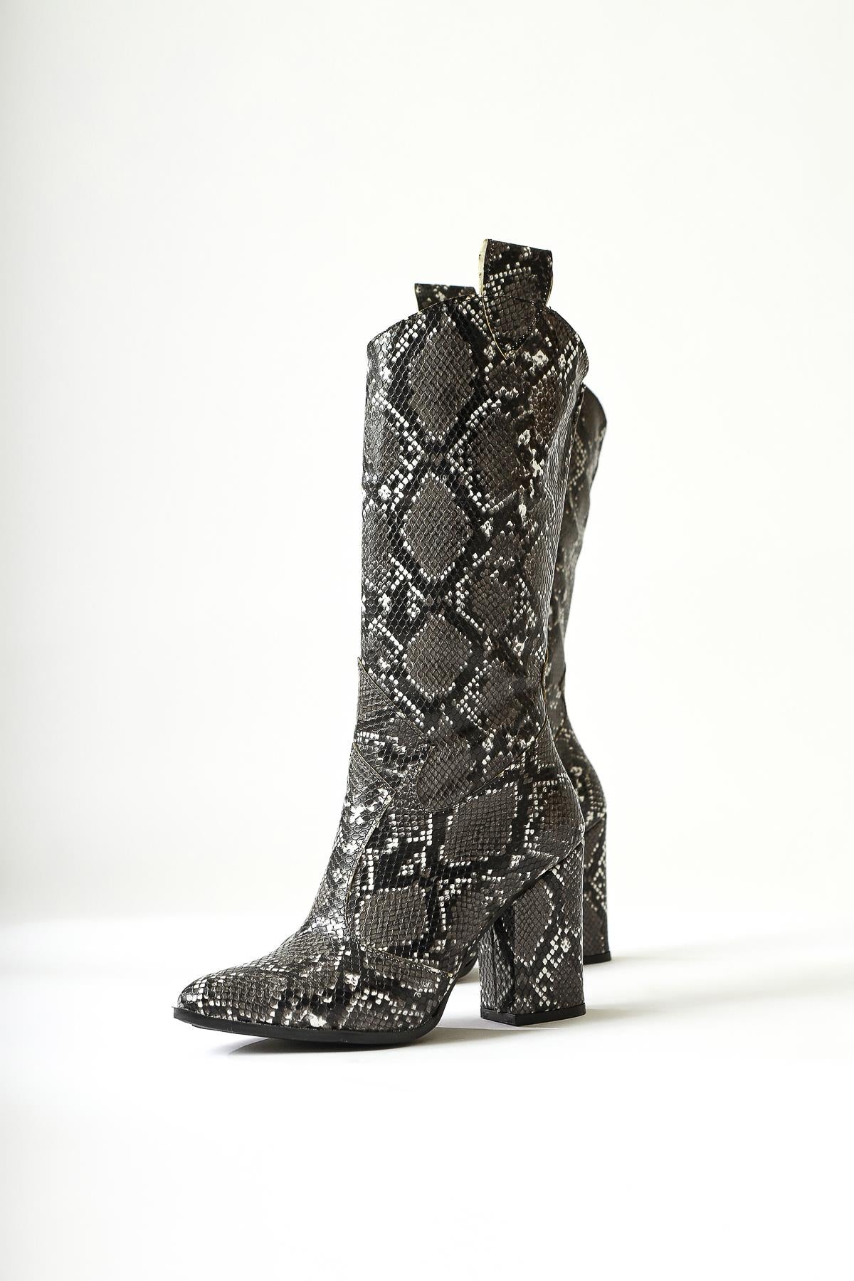 Keri Black Snake Patterned Asymmetric Cut Heeled Short Boots