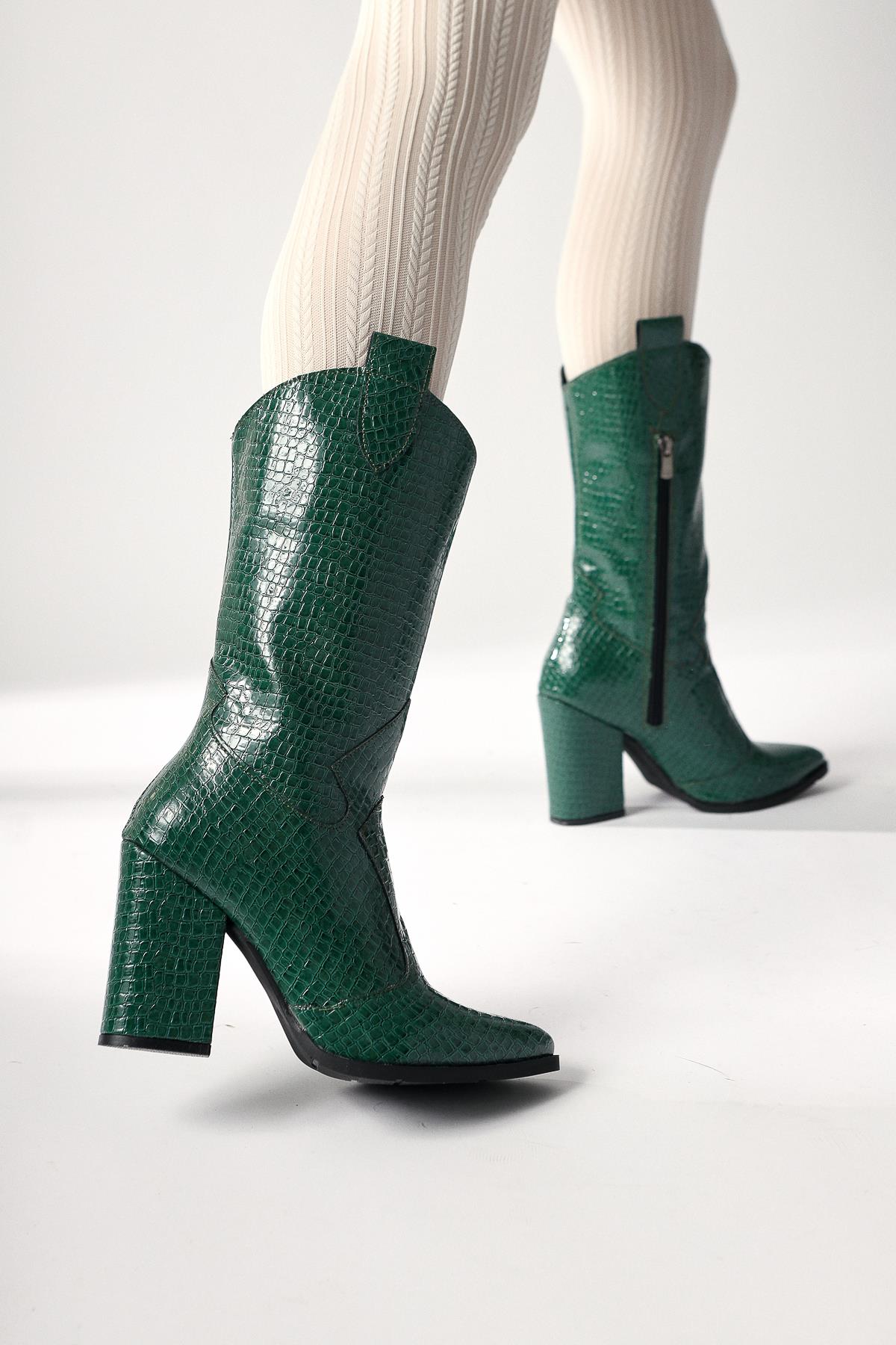 Keri Green Crocodile Asymmetric Cut Heeled Short Boots