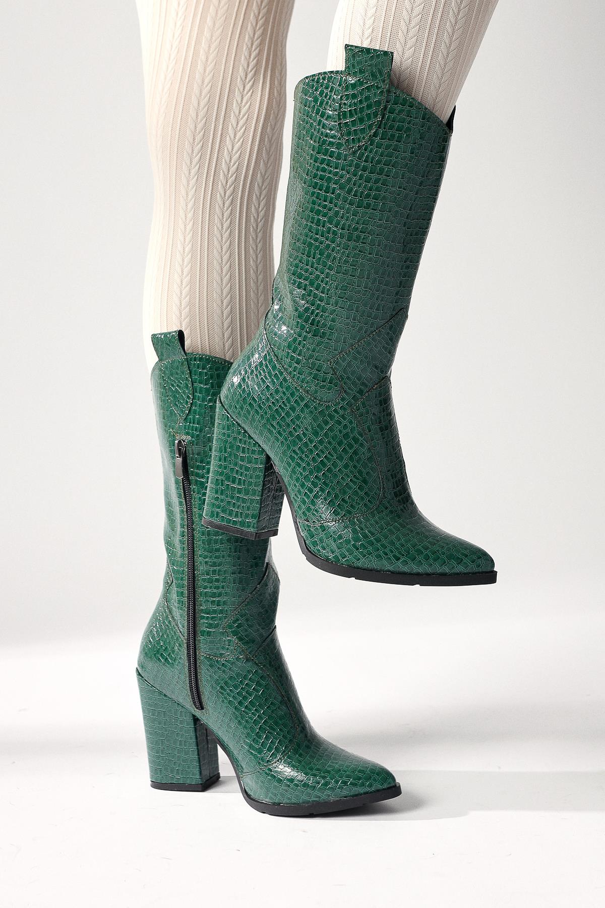 Keri Green Crocodile Asymmetric Cut Heeled Short Boots