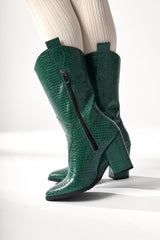 Keri Green Crocodile Asymmetric Cut Heeled Short Boots