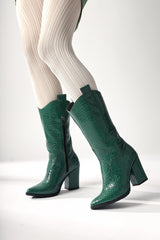 Keri Green Crocodile Asymmetric Cut Heeled Short Boots