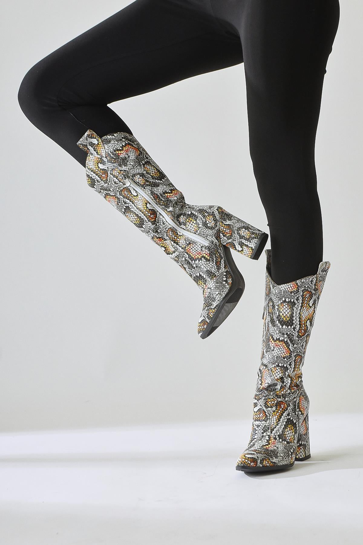 Keri Snake Patterned Asymmetric Cut Heeled Short Boots