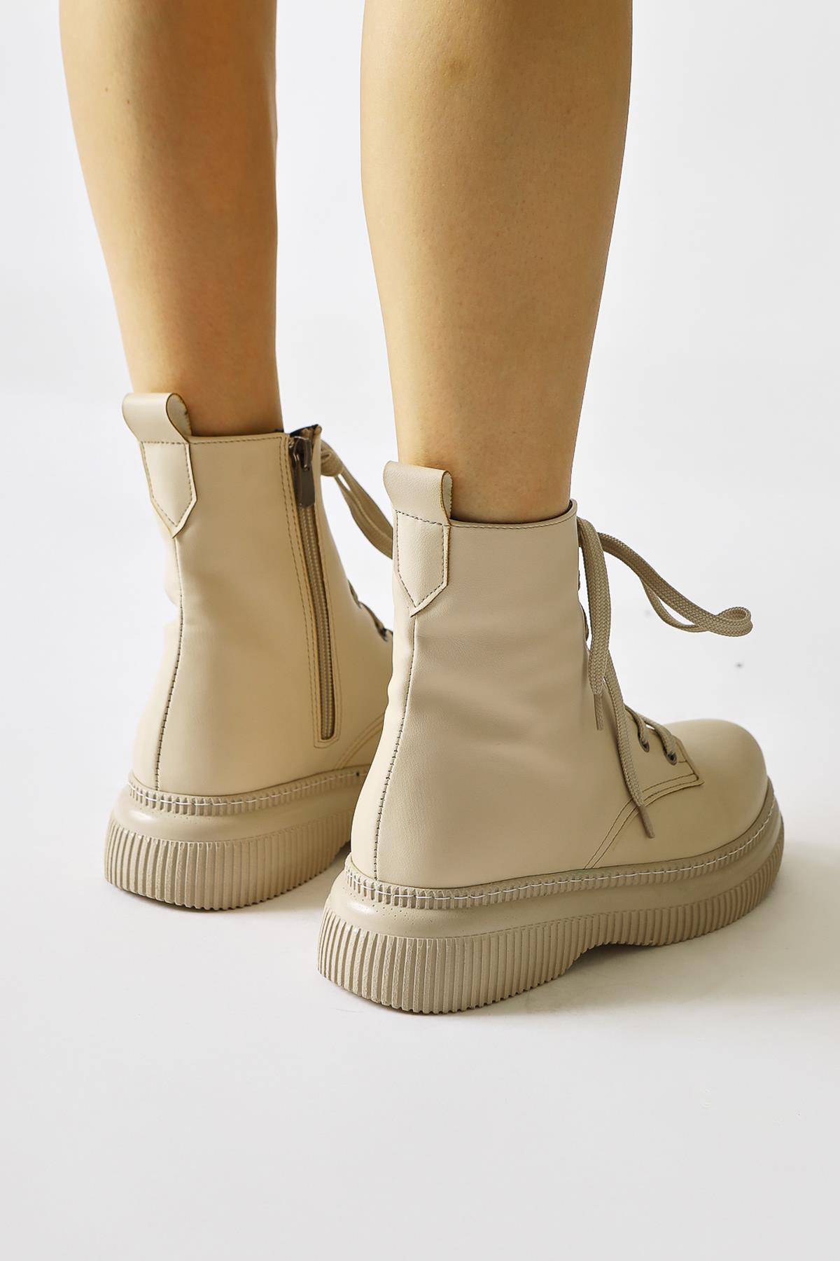 Cut Beige Laced Boots