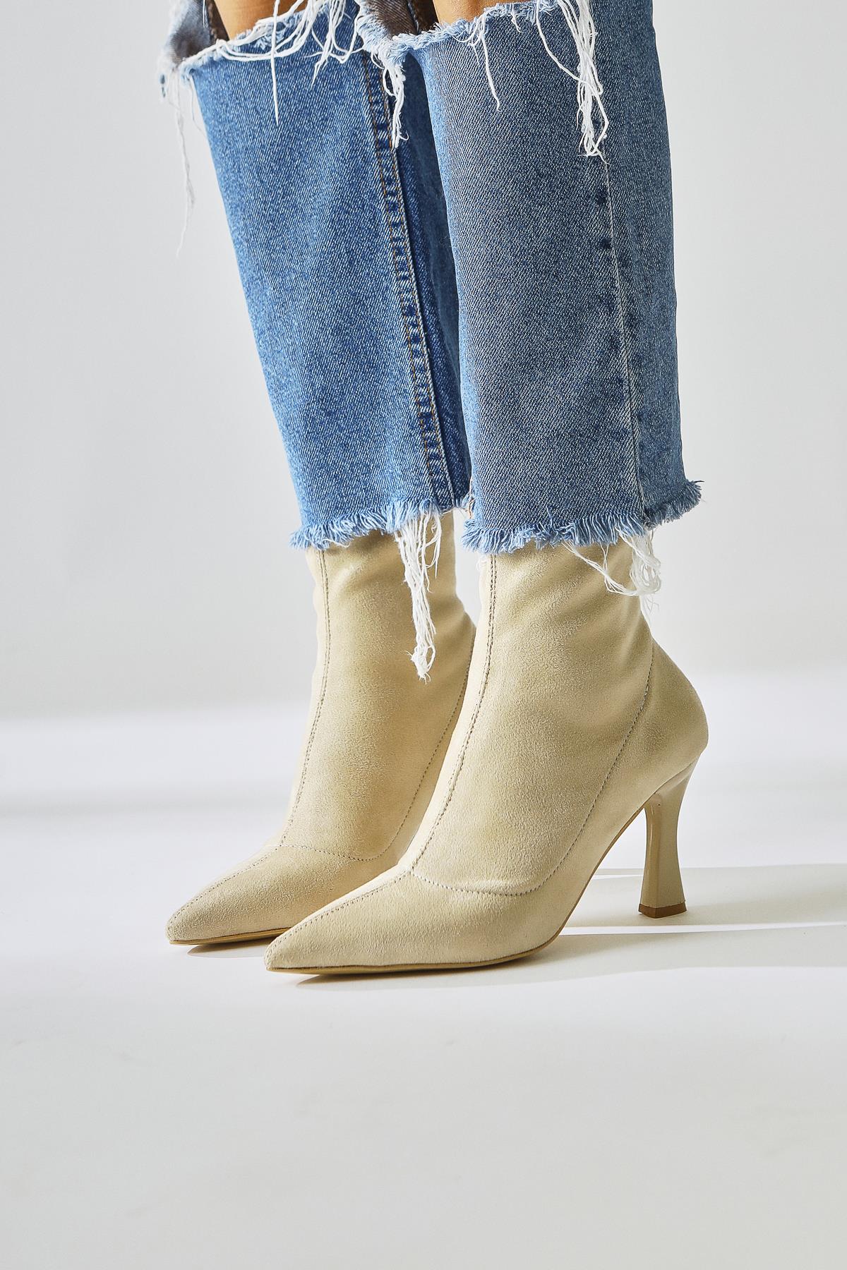 Kimber Beige Suede Thin Heel Pointed Toe Sock Boots