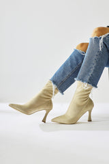 Kimber Beige Suede Thin Heel Pointed Toe Sock Boots