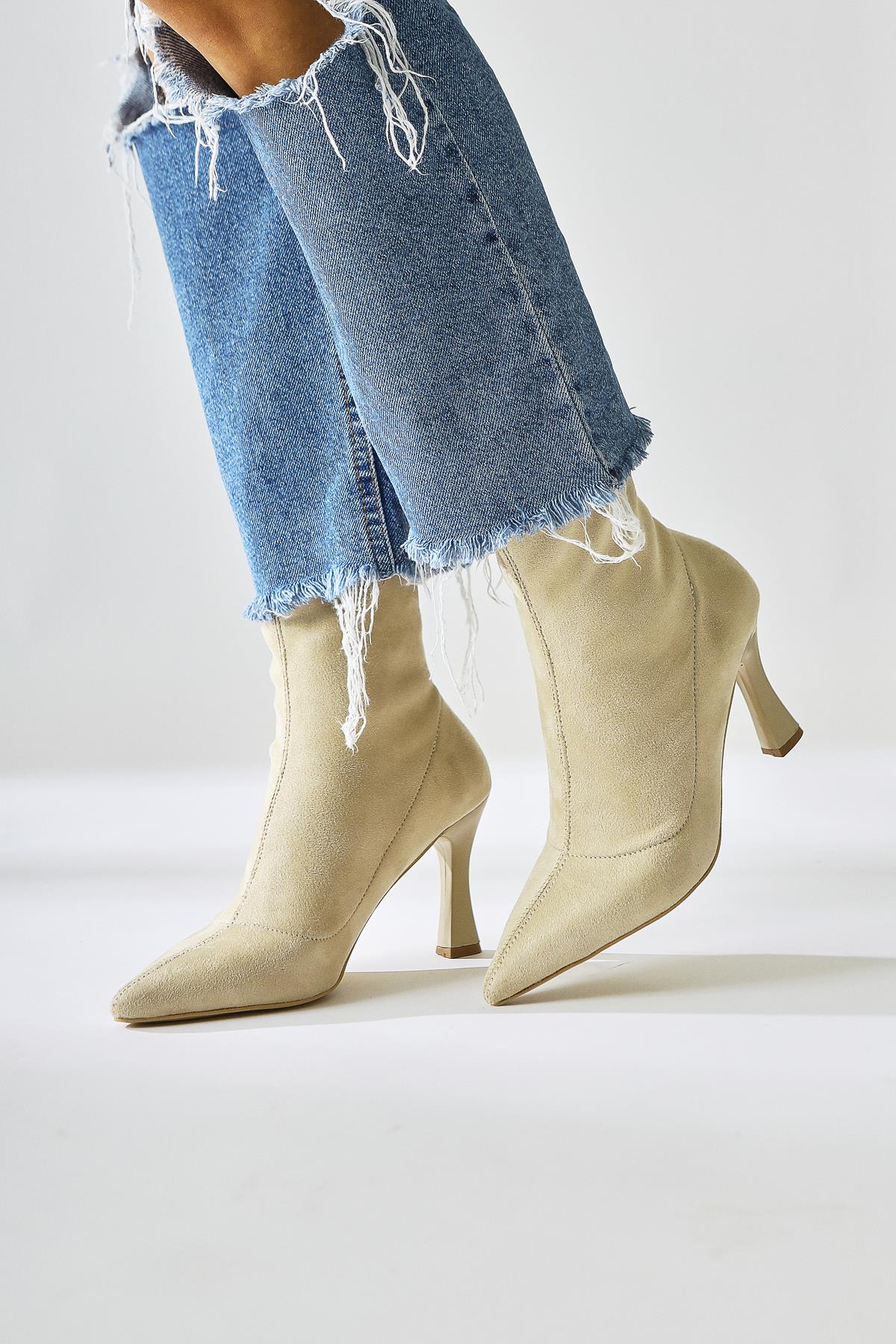 Kimber Beige Suede Thin Heel Pointed Toe Sock Boots