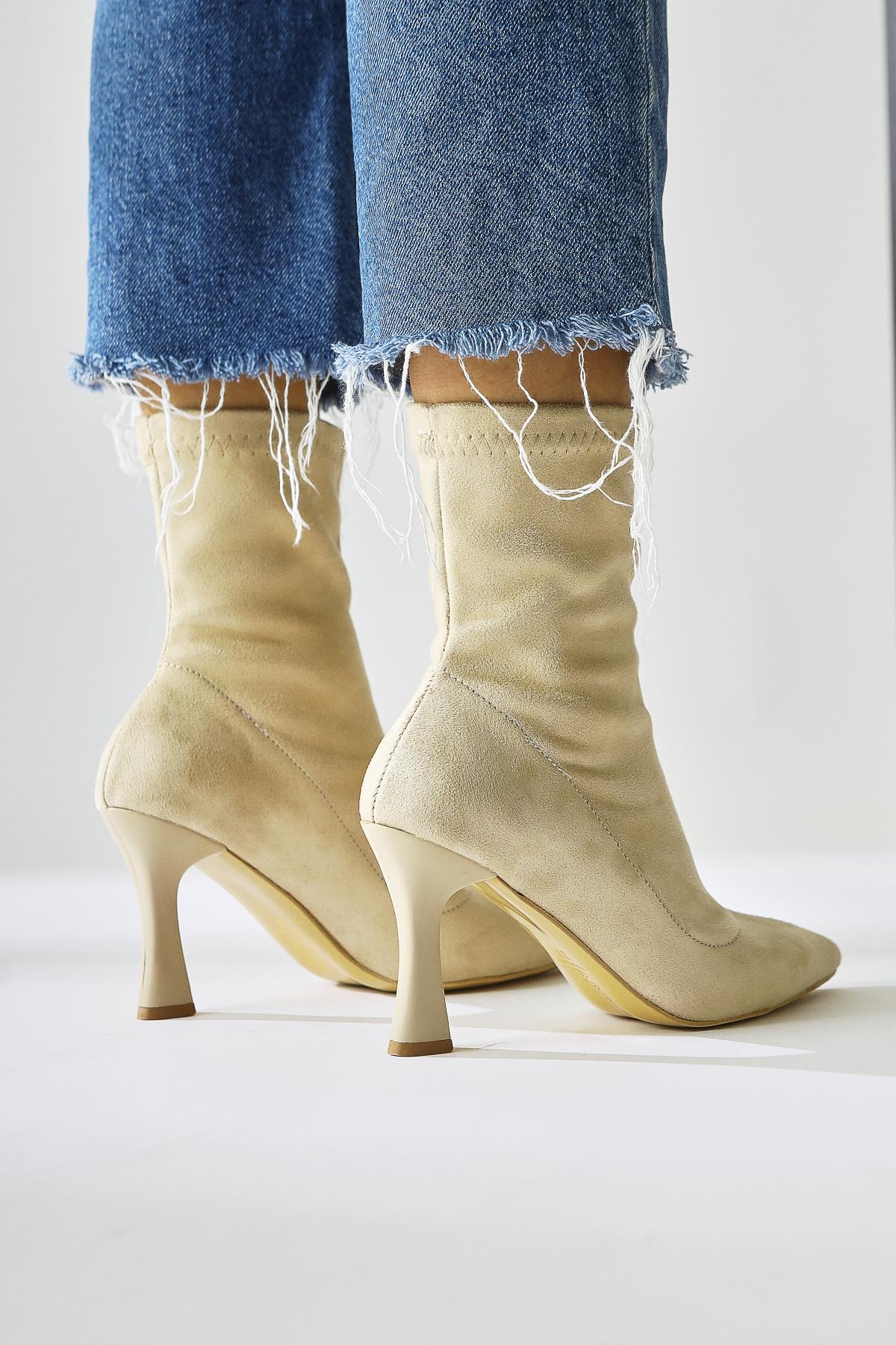 Kimber Beige Suede Thin Heel Pointed Toe Sock Boots