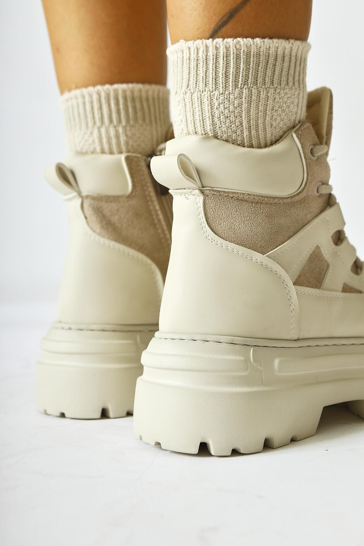 Kindra Beige Suede Detailed High Sole Sports Boots