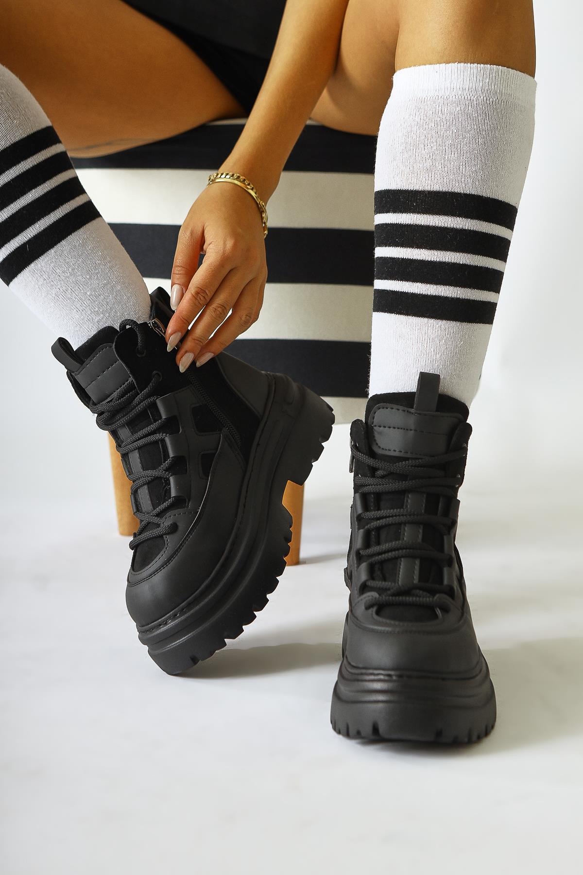 Kindra Black Suede Detailed High Sole Sports Boots