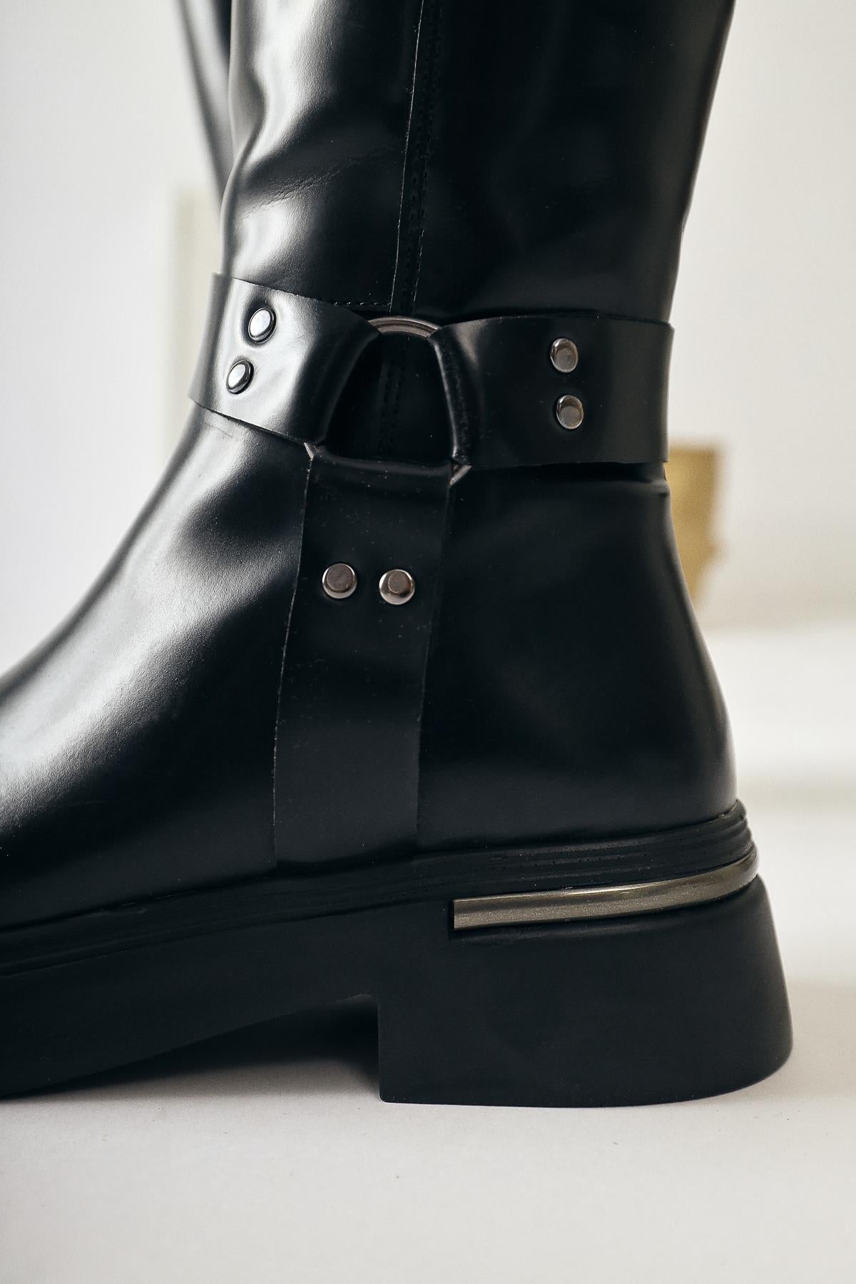 Lani Black Patent Leather Buckle and Stud Detailed Thick Sole Boots