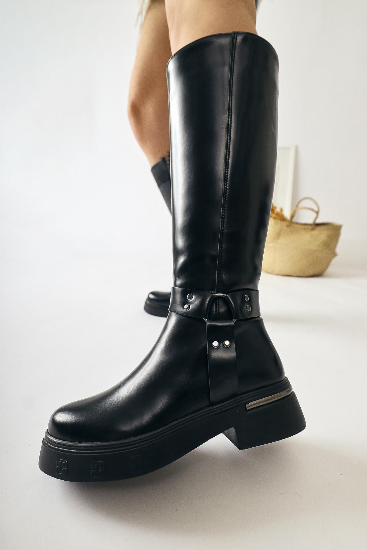 Lani Black Patent Leather Buckle and Stud Detailed Thick Sole Boots