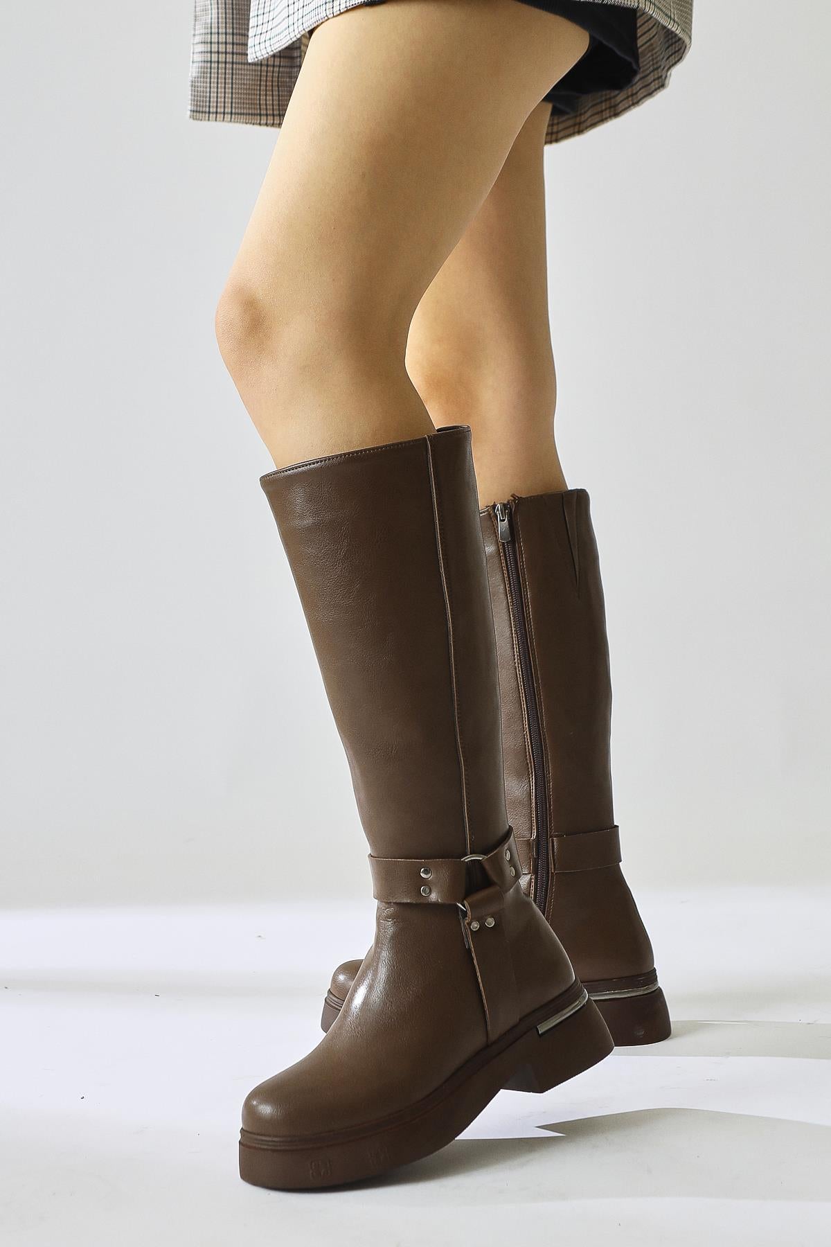 Lani Tan Buckle and Stud Detailed Thick Soled Boots