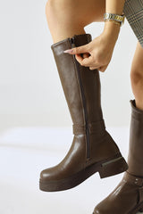 Lani Tan Buckle and Stud Detailed Thick Soled Boots