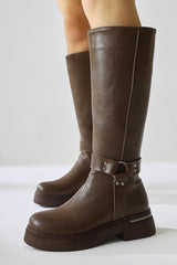 Lani Tan Buckle and Stud Detailed Thick Soled Boots