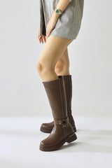 Lani Tan Buckle and Stud Detailed Thick Soled Boots