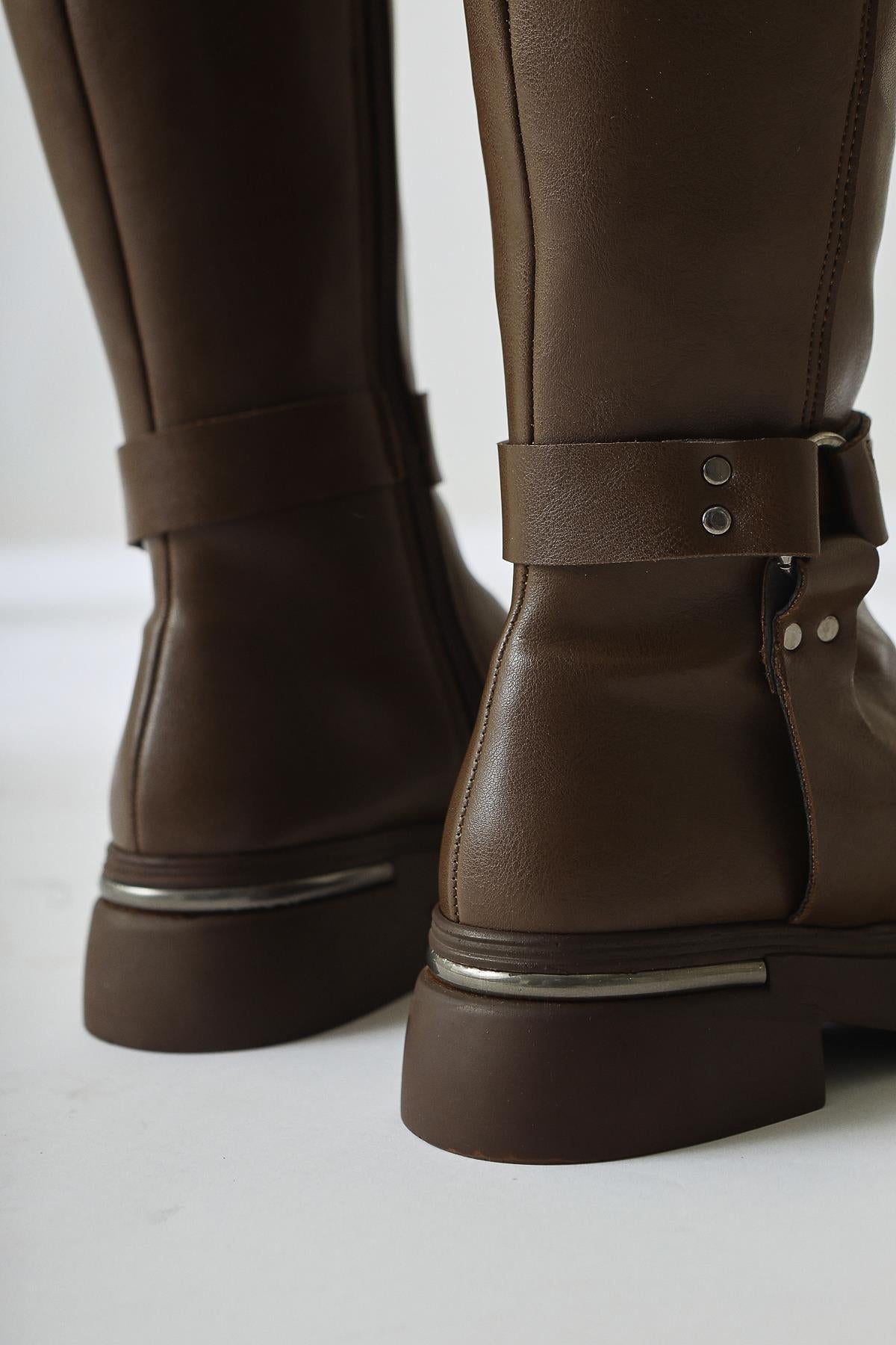 Lani Tan Buckle and Stud Detailed Thick Soled Boots