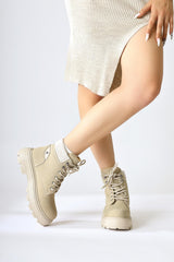 Lare Beige Suede Velvet Ankle Detail Lace-Up Boots