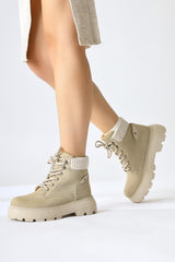 Lare Beige Suede Velvet Ankle Detail Lace-Up Boots