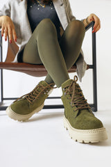 Lare Khaki Suede Velvet Ankle Detail Lace-Up Boots