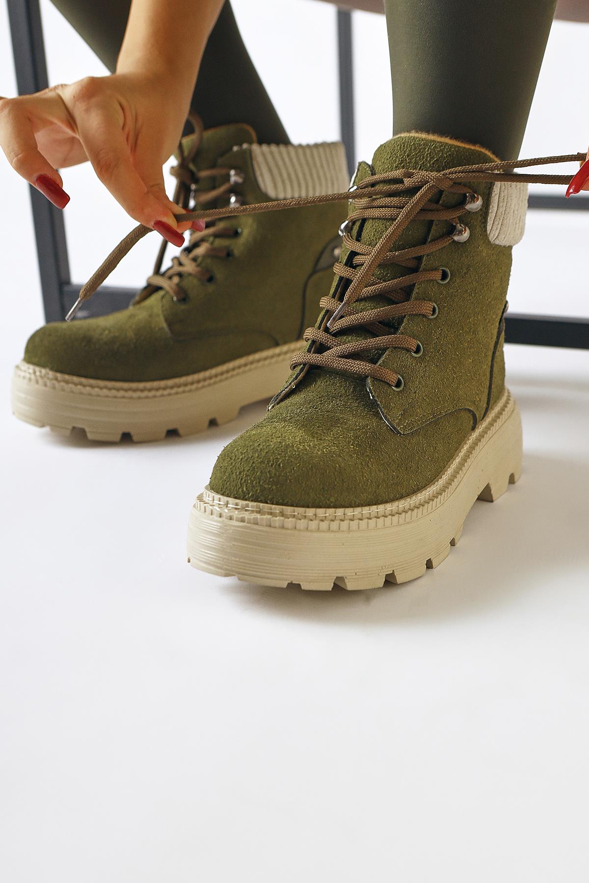 Lare Khaki Suede Velvet Ankle Detail Lace-Up Boots