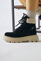 Lare Black Suede Velvet Ankle Detail Lace-Up Boots