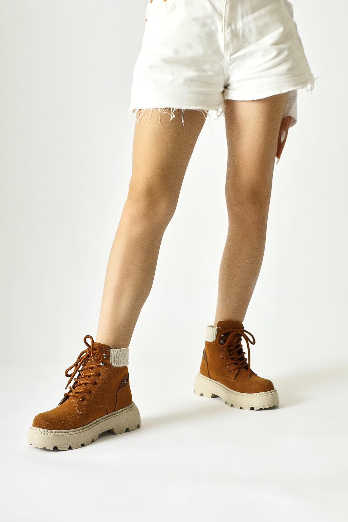 Lare Brown Suede Velvet Ankle Detail Lace-Up Boots