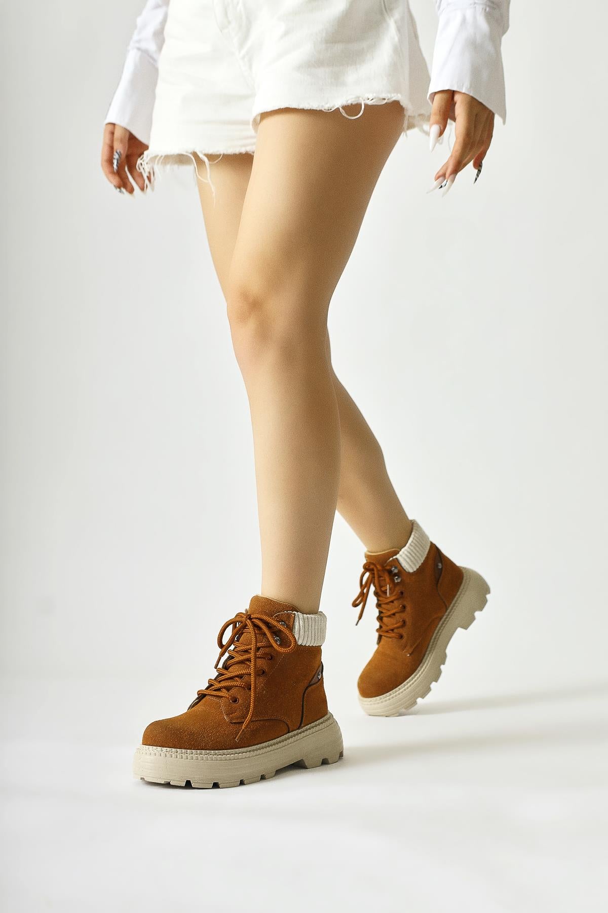 Lare Brown Suede Velvet Ankle Detail Lace-Up Boots