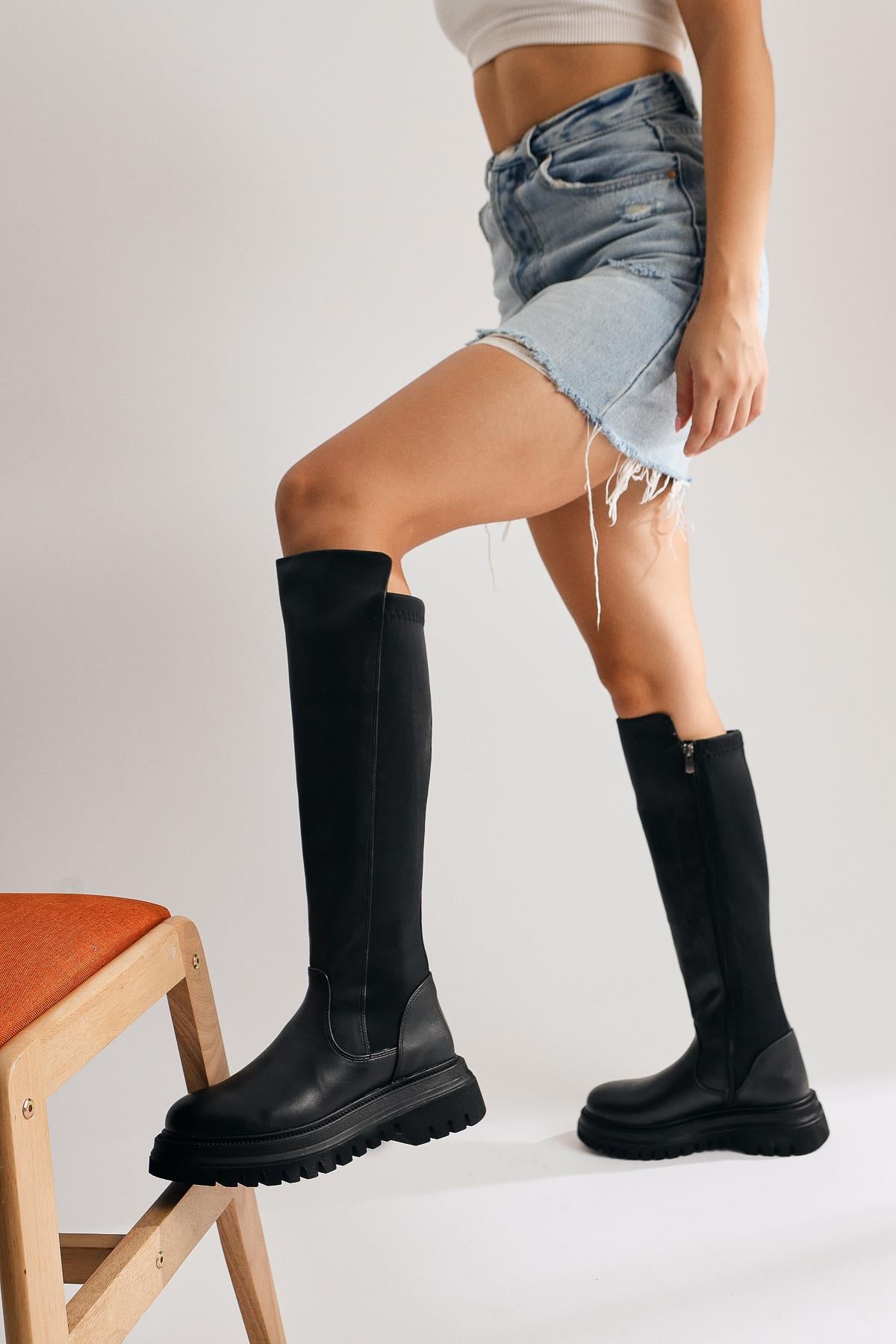 Latoya Black Stretch Detail Boots